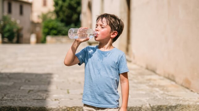 A young boy in a blue t-shirt drinks water from a plastic bottle on a sunny day. He appears to be sweating, suggesting it's hot weather.