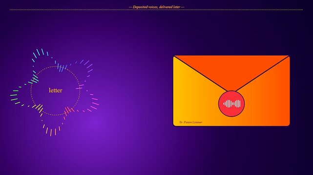Voice banking visual represented as a rhythmic audio frequency waveform pattern circulating a digital letter icon on a solid vibrant purple gradient studio backdrop surface