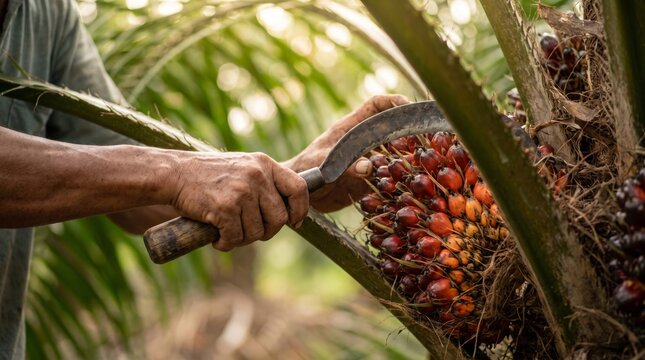 Agricultural worker harvesting oil palm fruit bunch using a sickle tool on a tropical plantation