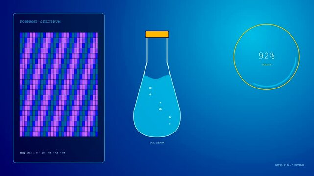 Voice banking display shows liquid levels rising within glass containers while a digital audio waveform pattern fluctuates in a dark blue environment of data processing