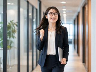 Fototapeta premium Cheerful Businesswoman with Tablet Walking Confidently in Office Hallway