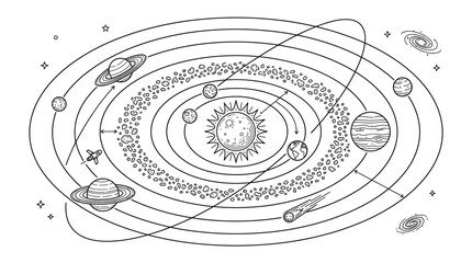 Sleek Black and White Line Drawing of the Solar System with Planets Asteroids and Spacecraft Orbits © ROOBI