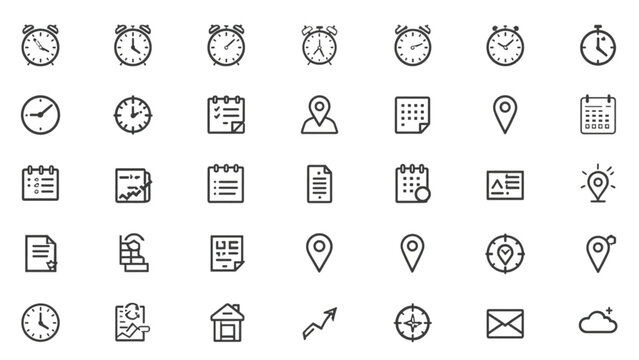Time management scheduling and location tracking line icon set featuring clocks calendars maps pins notes and office productivity symbols