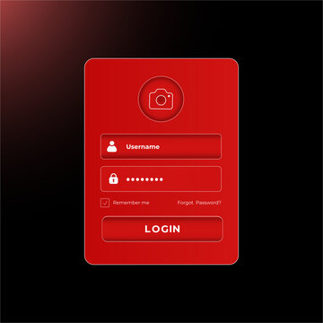High-quality modern login interface featuring a glossy red glassmorphism design with rounded corners, a camera profile icon, username and password input fields, remember me checkbox, forgot password l