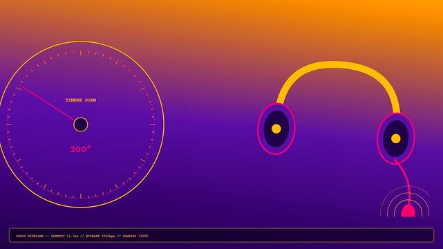 Voice banking visualization features rotating circular gauges and yellow headphones with pulsating sound waves shown in a digital interface design with a purple and orange gradient