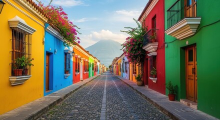 Fototapeta premium Colorful colonial street with volcano view in Antigua Guatemala.