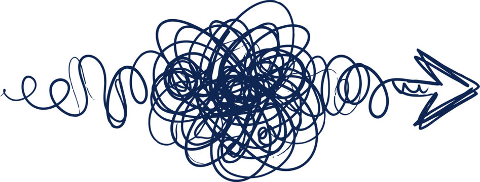 Scribble arrow vector illustration, tangled messy line drawing, blue hand drawn doodle representing chaos to order and problem solving