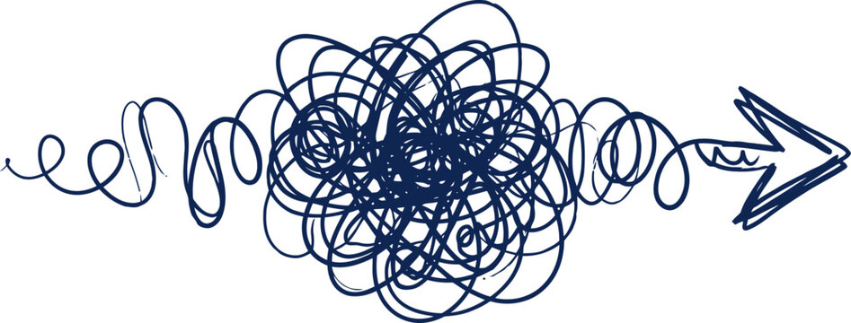 Scribble arrow concept for problem solving, tangled messy line transforming into clear direction, hand drawn blue ink doodle vector illustration