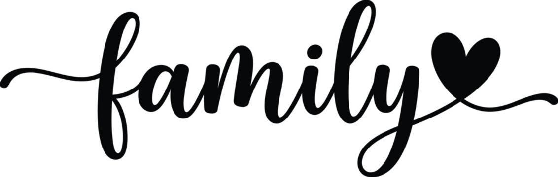 Black calligraphy word family with a heart flourish modern hand-lettered typography on a white background kinship relations loved ones