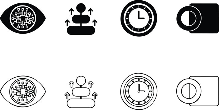 Set of modern minimal vector graphic icons featuring digital eye clock and organizational business chart symbols
