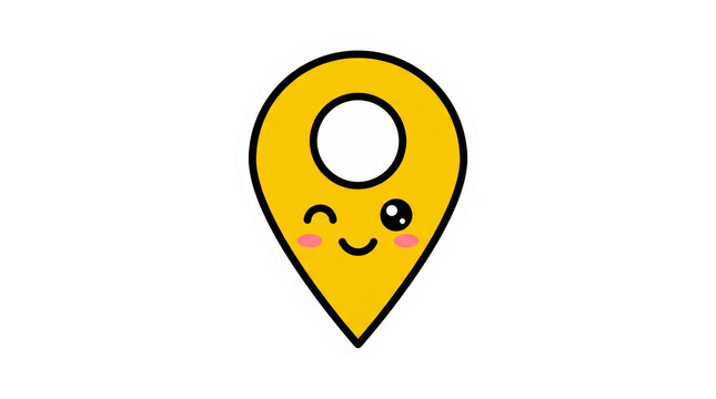 Kawaii Map Pin Sticker, Cute Yellow Location Pointer Character with Winking Happy Smile on Transparent Background