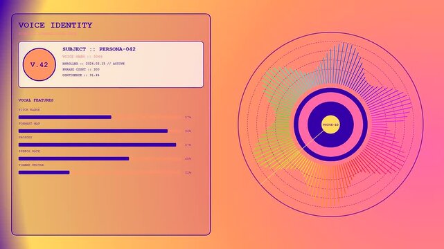 Voice banking user interface displaying complex biometric frequency data visualizations with gradient color schemes and analytical diagnostic metrics shown on a digital monitor in a studio