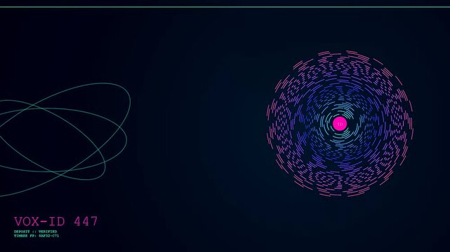 Voice banking visualization features glowing pink spheres surrounded by rhythmic swirling orbits of purple particles moving across a dark screen to represent digital audio signal data