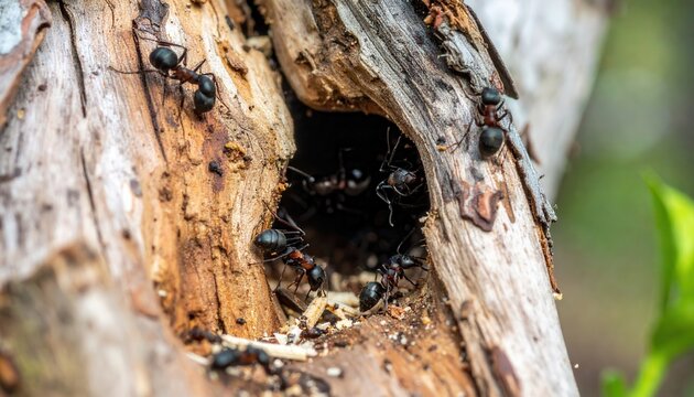 Carpenter ants excavating tunnels within a fallen tree trunk, showcasing their industrious nature and colony construction.