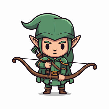 Chibi elf archer character, full body shot, standing with bow and arrows, cute 2D cartoon illustration, flat bright lighting, isolated on white background.