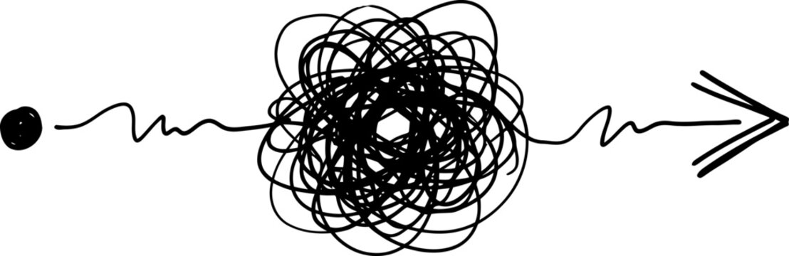 Hand drawn scribble line with arrow, messy tangled path to straight solution vector, complex problem solving concept illustration