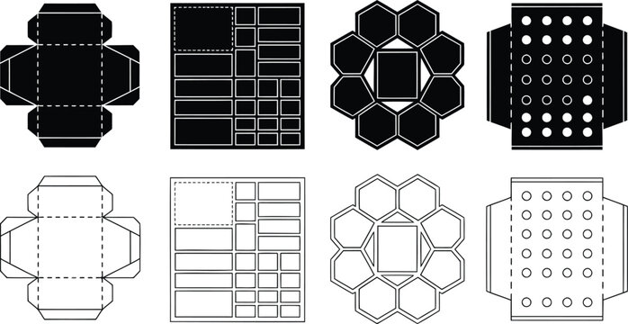 Technical packaging templates and geometric box folding patterns for professional product manufacturing and custom paper construction
