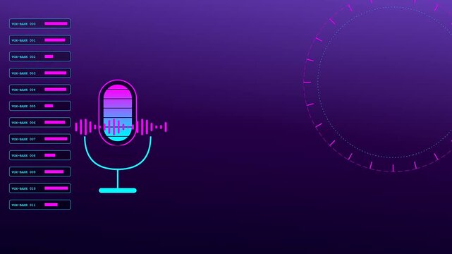 Voice banking display shows a glowing microphone icon surrounded by animated frequency waves and loading progress bars against a vibrant purple gradient digital data interface screen