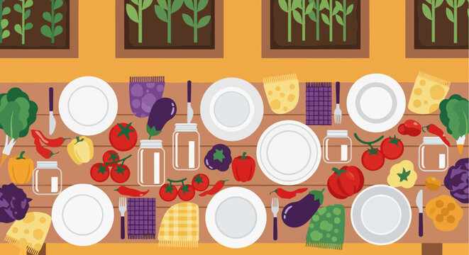 Fresh vegetables and empty jars on a wooden dining table, top view