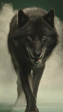 Intense black wolf portrait captured in motion with a dramatic misty background a symbol of wildness strength and untamed nature for powerful branding