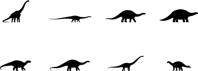 Set of Sauropod Dinosaur Silhouettes with Long Necks and Tails on White Background © ROUNOK