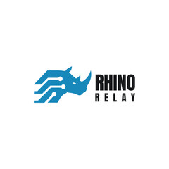 Blue rhino relay logo with digital circuit elements, suitable for technology, networking, security, data transfer, and strong startup branding. © Deeone Studio