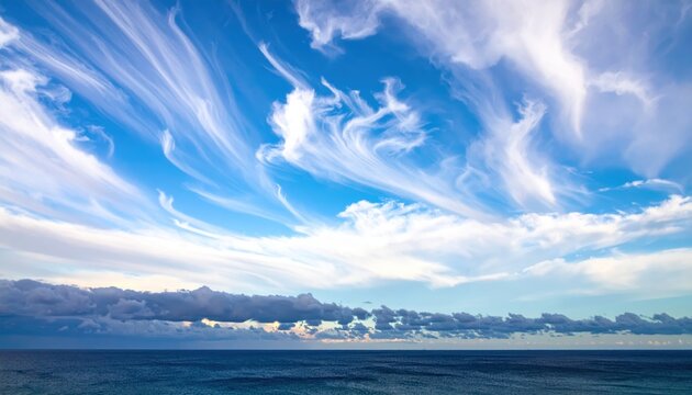 Wispy cirrus clouds drift across a vibrant blue sky over the vast ocean