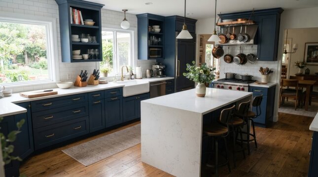 Modern navy blue kitchen with white quartz island, subway tile backsplash, and hardwood floors
