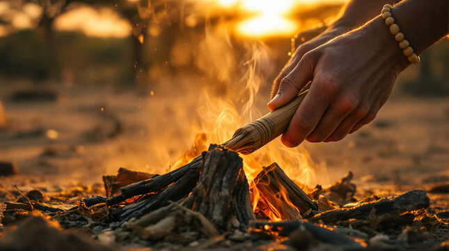 Traditional fire making during eco-tourism cultural trekking adventure at dusk in a rustic outdoor setting with natural elements and sustainable tr...