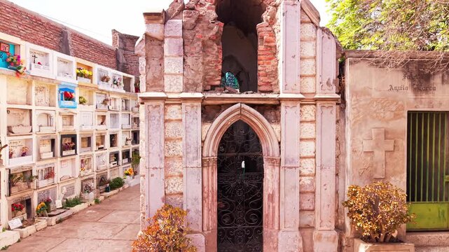 Drone Vertical Tilting Up View of a Ruined Old Tomb Mausoleum with Broken Brick Roof, Chile