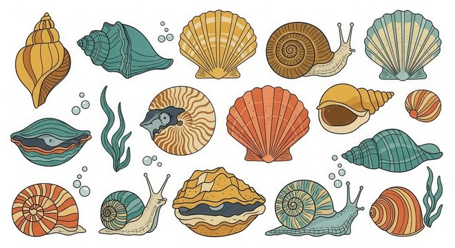Colorful Illustrated Collection of Seashells and Snails.