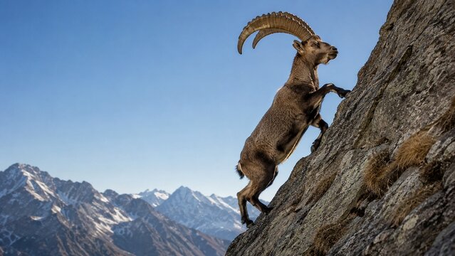 Alpine ibex climbing nearly vertical mountain cliffs with massive curved horns,