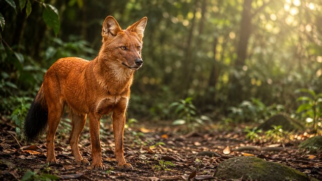 Asian dhole standing alert in dense tropical forest clearing