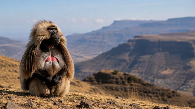 gelada baboon sitting on Ethiopian mountain plateau displaying distinctive chest patch