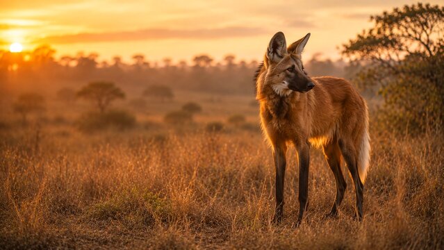 maned wolf standing alert in golden South American grassland at sunrise