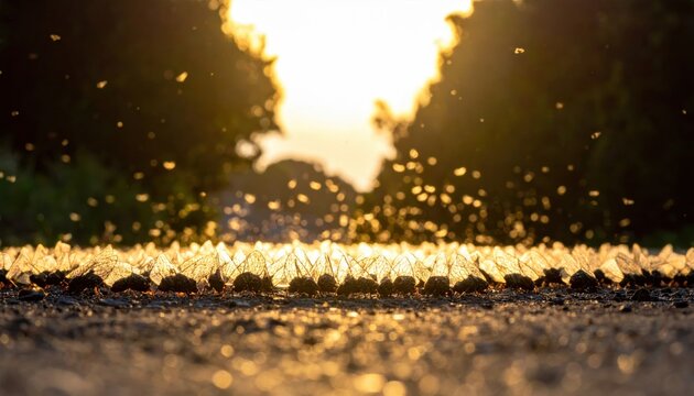 A massive swarm of cicadas buzzes loudly as they emerge from the soil at sunrise, creating a spectacular natural phenomenon