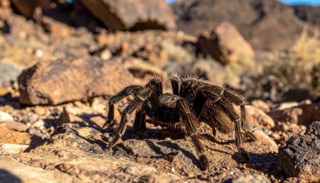 A hairy tarantula cautiously explores its arid, rocky desert habitat