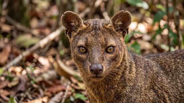 A fossa stands alert in a forest clearing surrounded by foliage and fallen branches.