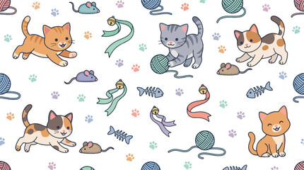 Fototapeta premium Cats play with colorful toys and yarn in a lively scene