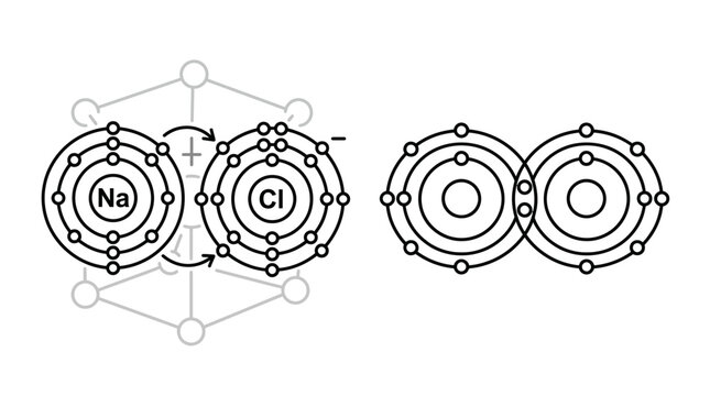 Modern of Sodium Chloride NaCl Ionic Bond Formation and Resulting Stable Structure with high quality professional line art symbols for modern creative design and digital branding projects