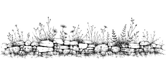 Fototapeta premium Hand-drawn vintage stone wall decorated with wild grass and blooming plants, ideal for countryside, garden, landscaping, and rustic design concepts.