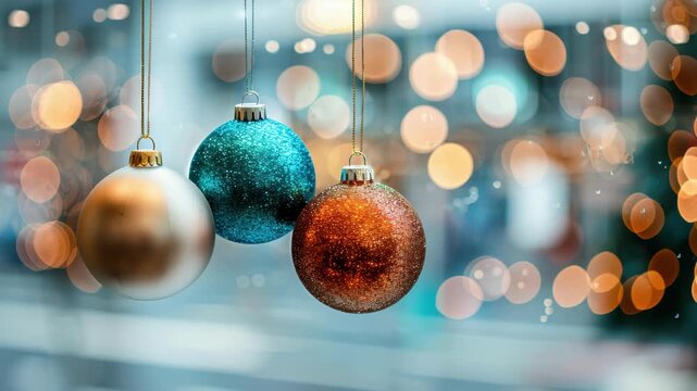 Festive Holiday Ornaments: Three shimmering Christmas baubles, in shades of gold, turquoise, and copper, hang delicately against a backdrop of blurred festive lights.