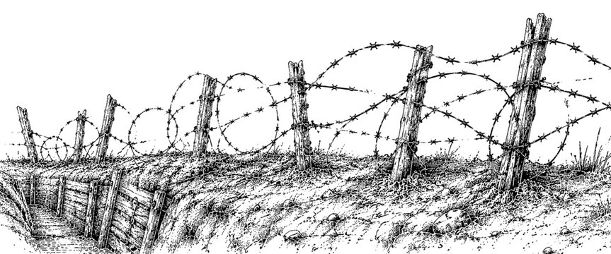 Detailed vintage engraving of a military trench lined with barbed wire, capturing battlefield defenses, wartime history, conflict, and historical military landscapes.
