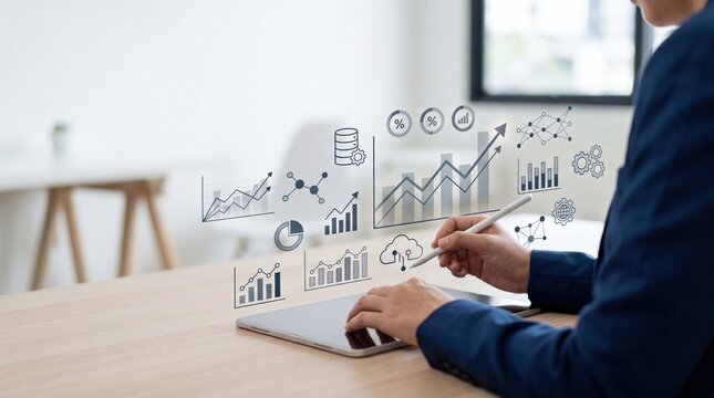 Business professional analyzing financial growth charts and statistics on tablet, holographic data visualization with pie graphs, bar charts, percentage indicators, strategic pl...