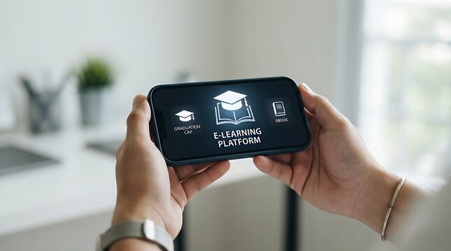 Online education and digital learning concept with graduation hat and book icons for e-learning platforms and skill development.