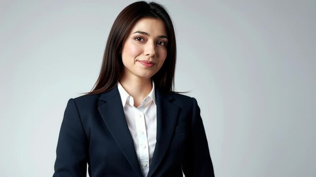 Confident Businesswoman Portrait: A young, attractive businesswoman in a sharp dark suit and crisp white shirt looks confidently at the camera, embodying professionalism and ambition.