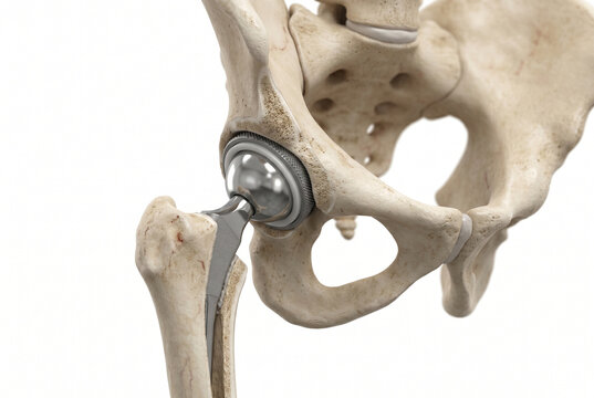 人工股関節置換術を受けた骨盤と大腿骨の3D医療解剖イラスト、人工股関節インプラントの構造を詳細に表現した整形外科・医療教育・病院パンフレット・医学教材・医療機器プロモーション向け素材