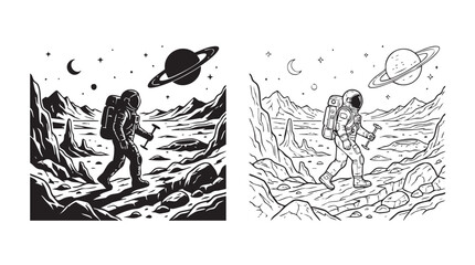 astronaut exploring alien landscape traced abstract visual black silhouette with line art vector icon © Shamsul