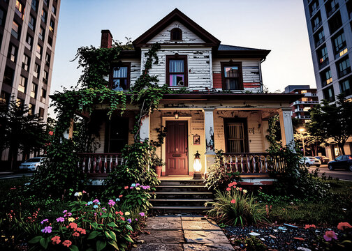 An abandoned house at dusk, with a glowing lantern on the porch, surrounded by modern buildings