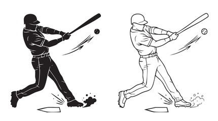 Fototapeta premium baseball player hitting ball black silhouette with line art black silhouette with line art vector icon